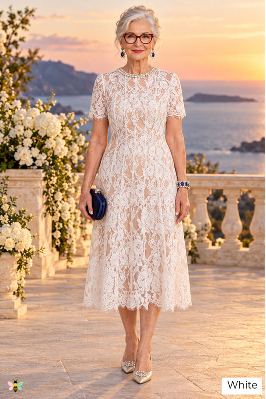 The Pearl Court Lace Midi Dress | White | front