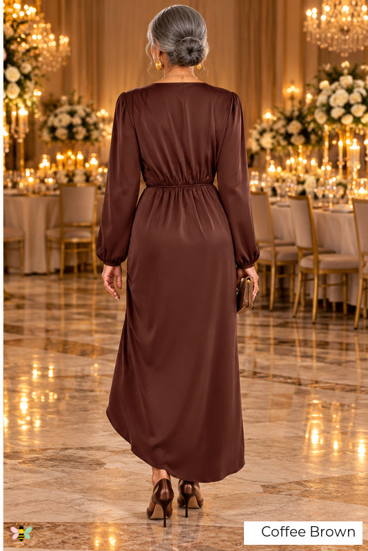 The Villa Serenade Draped Satin Dress | Coffee Brown | back