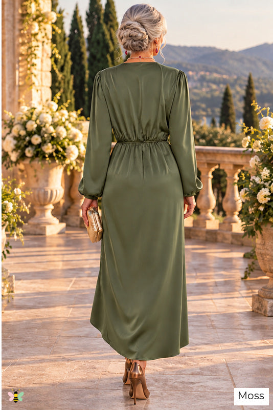 The Villa Serenade Draped Satin Dress | Moss | back