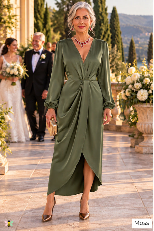 The Villa Serenade Draped Satin Dress | Moss | front