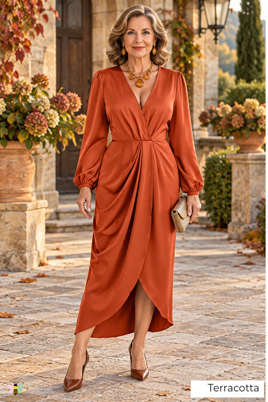 The Villa Serenade Draped Satin Dress | Terracotta | front
