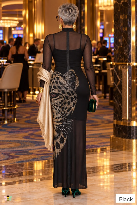 The Leopard Nocturne Mesh Maxi Dress | Black | back
