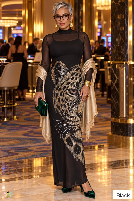 The Leopard Nocturne Mesh Maxi Dress | Black | front