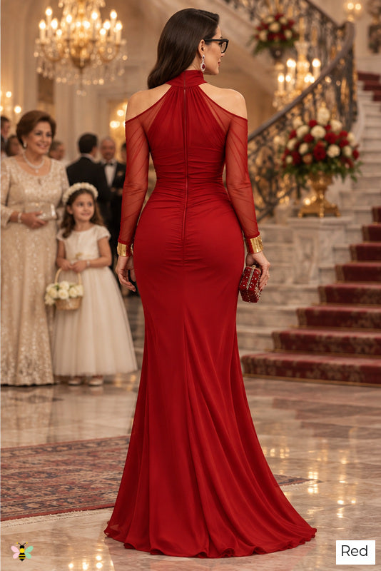 The Palazzo Nocturne Mesh-Sleeve Gown | Red | back