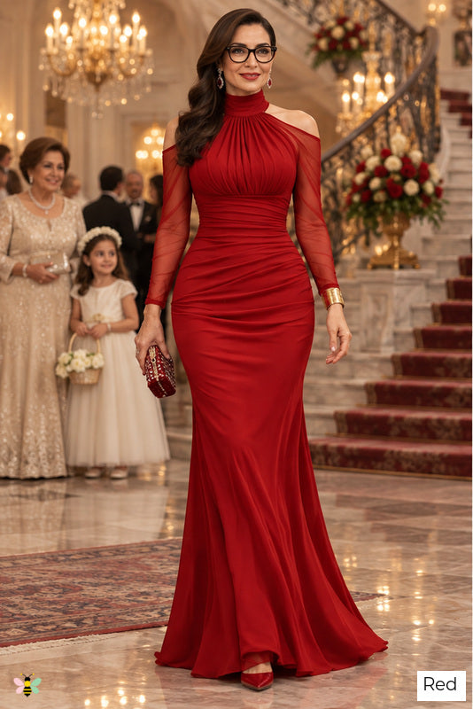 The Palazzo Nocturne Mesh-Sleeve Gown | Red | front