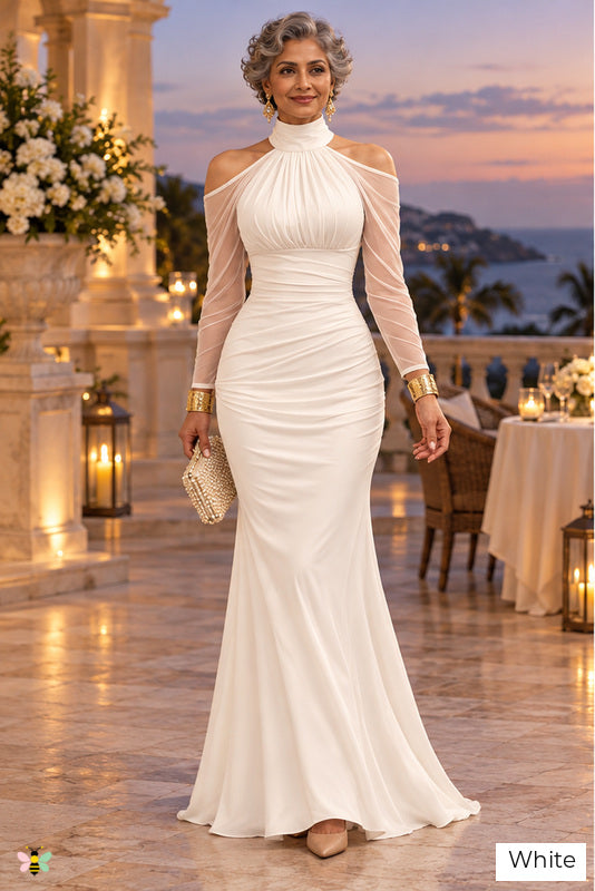 The Palazzo Nocturne Mesh-Sleeve Gown | White | front