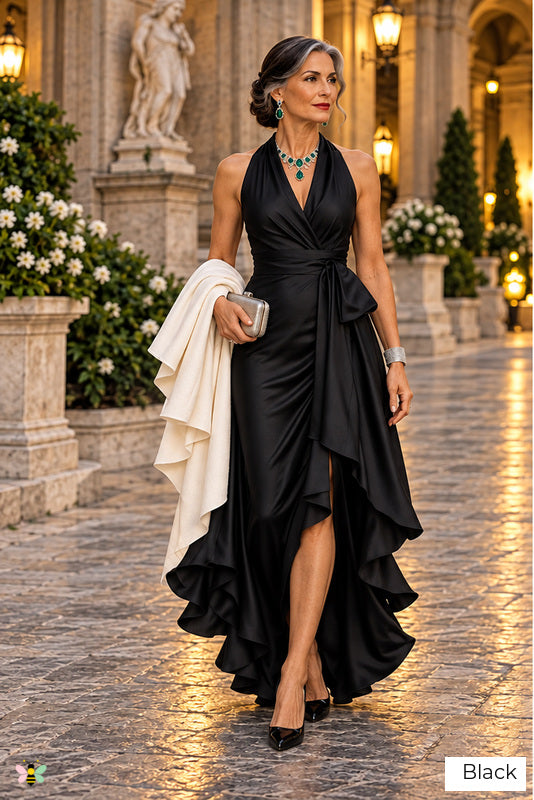 The Portofino Cascade Halter Gown | Black | front