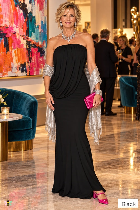 The Afterglow Strapless Drape Maxi Dress | Black | front