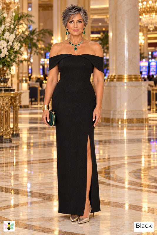 The Casino Nocturne Off-Shoulder Maxi Dress | Black | front