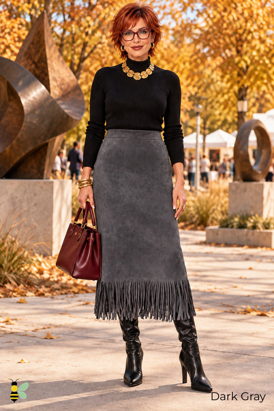 Fringe After Five Suede Midi Skirt | 03_Dark_Gray_front | Dark Gray front | B Store glam