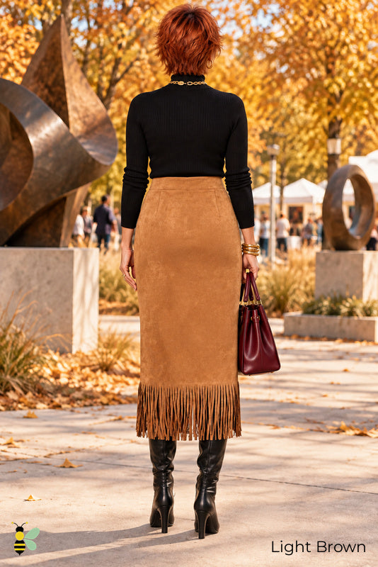 Fringe After Five Suede Midi Skirt | 03_Light_Brown_back | Light Brown back | B Store glam