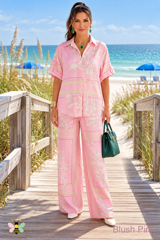 Coastal Flight Printed Shirt and Pants Set | Blush Pink | front