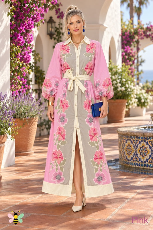 Courtyard Bloom Maxi Shirt Dress | Pink | front
