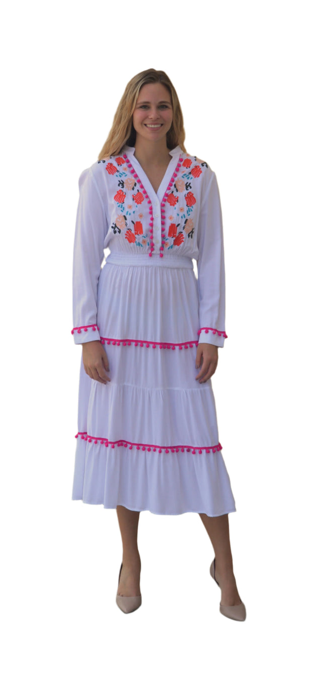 Colorful Embroidered Pompom Dress