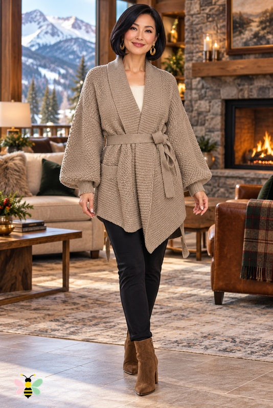 Evening Ease Belted Knit Cardigan | Khaki | front