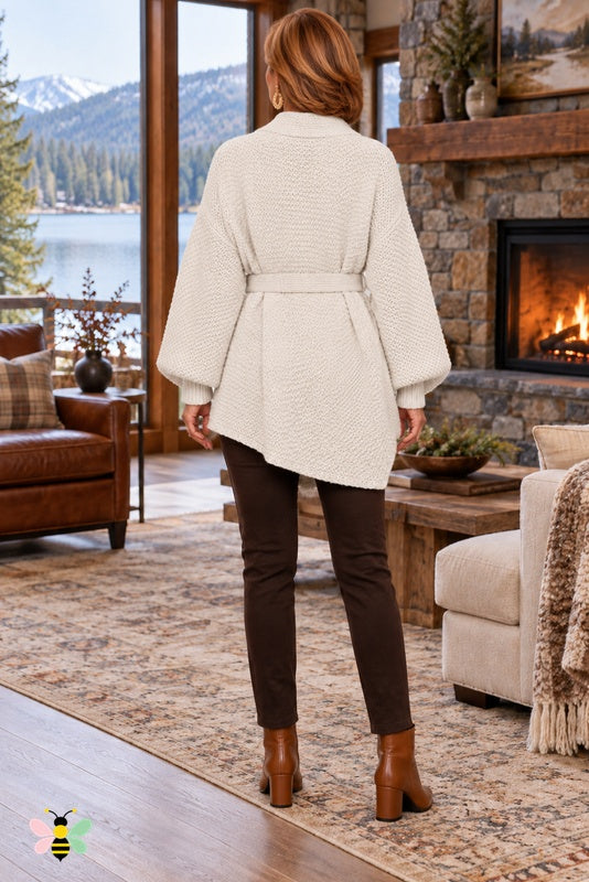 Evening Ease Belted Knit Cardigan | Off White | back