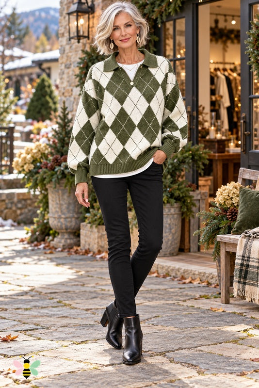 Fireside Club Argyle Polo Sweater | Army Green | front