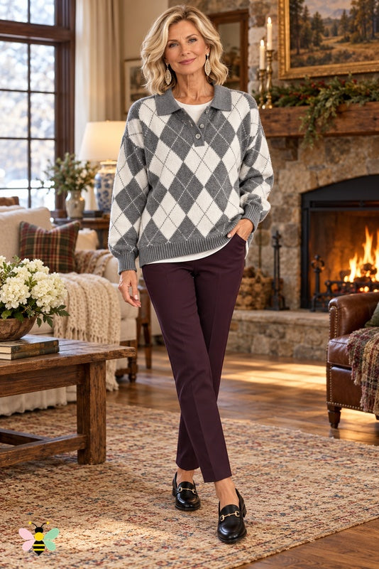 Fireside Club Argyle Polo Sweater | Gray | front