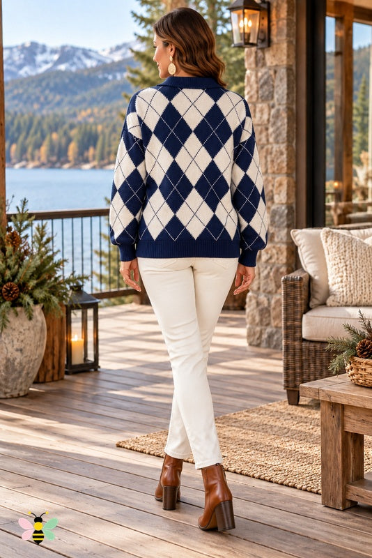Fireside Club Argyle Polo Sweater | Navy | back