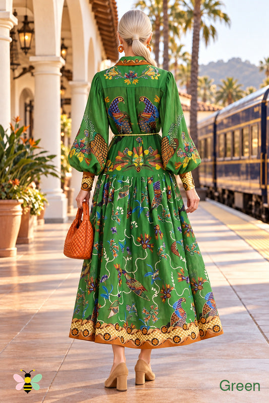 Golden Aviary Lantern-Sleeve Shirt Dress | Green | back
