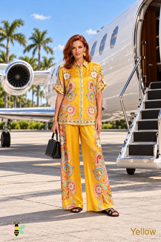 Golden Departure Paisley Pants Set — Yellow — front