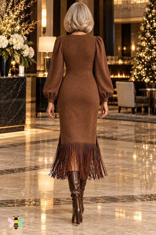 Golden Hour Fringe Midi Dress | Coffee Brown | back
