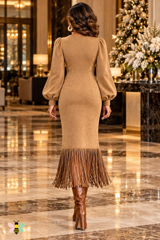 Golden Hour Fringe Midi Dress | Khaki | back