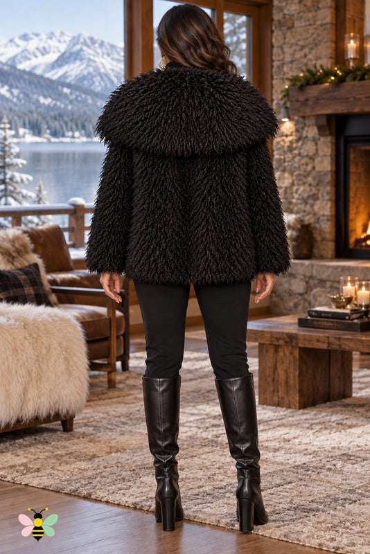 Grand Entrance Faux-Fur Jacket | Black-Curly Fur With Oversized Fur Collar | back