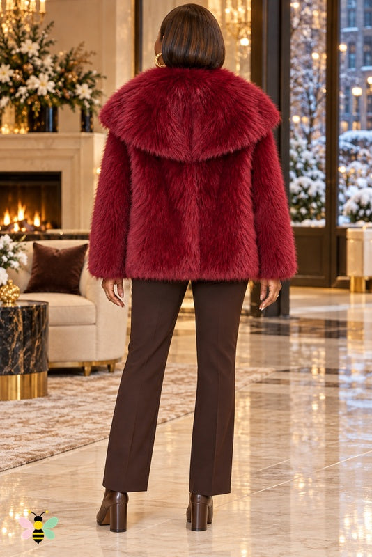 Grand Entrance Faux-Fur Jacket | Burgundy-Oversized Collar | back
