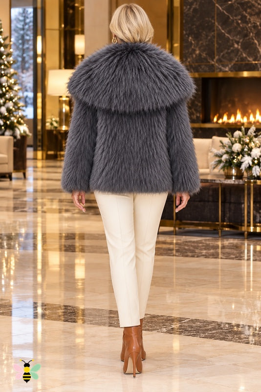 Grand Entrance Faux-Fur Jacket | Dark Gray-Oversized Collar | back