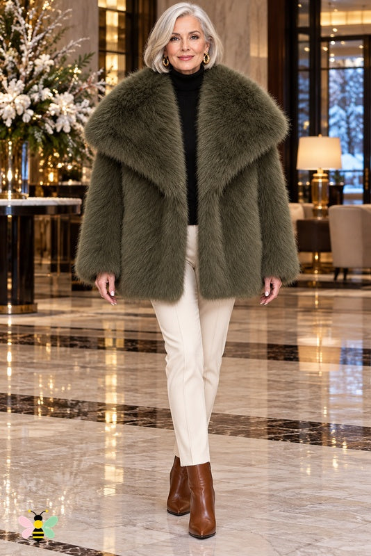 Grand Entrance Faux-Fur Jacket | Dark Green-Oversized Fur Collar | front