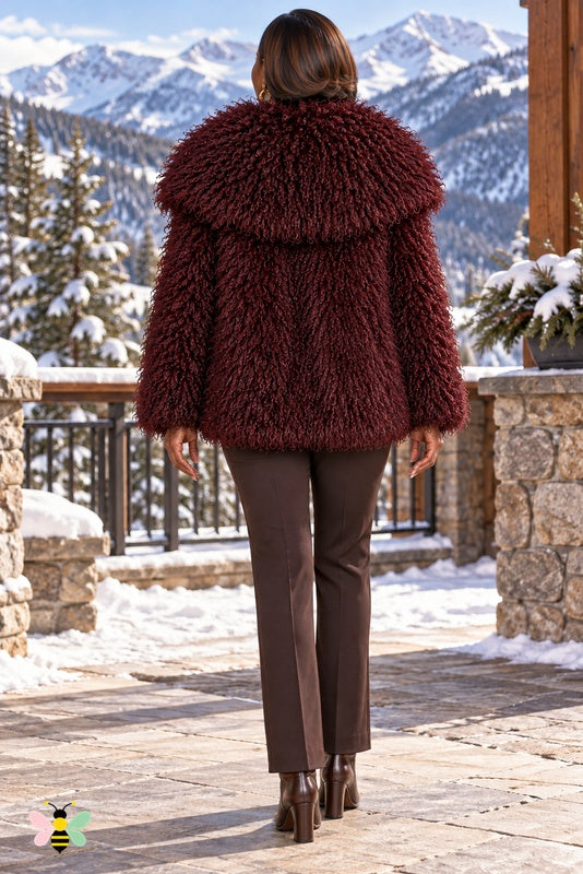 Grand Entrance Faux-Fur Jacket | Dark Red-Curly Fur With Oversized Fur Collar | back
