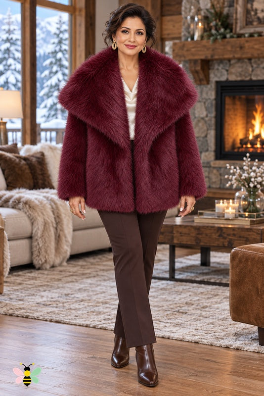 Grand Entrance Faux-Fur Jacket | Dark Red-Oversized Collar | front