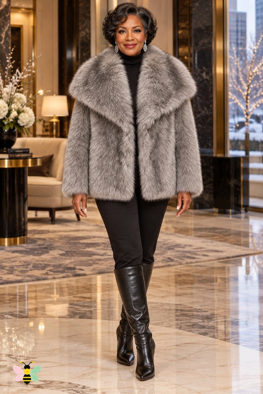 Grand Entrance Faux-Fur Jacket | Gray Base-Tip-dyed Thickened Fur With Oversized Collar | front