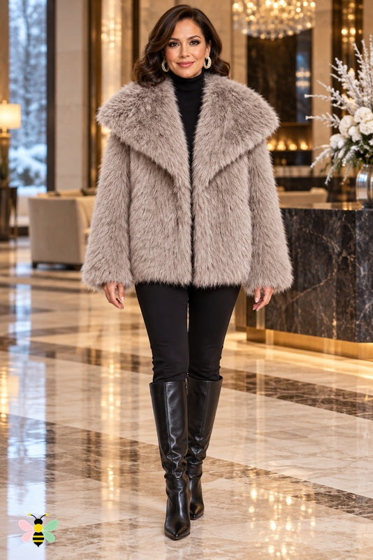 Grand Entrance Faux-Fur Jacket | Light Khaki-Oversized Collar | front