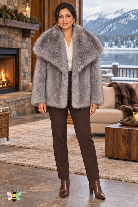 Grand Entrance Faux-Fur Jacket | Medium Gray And Black-Tipped Fur With Oversized Collar | front