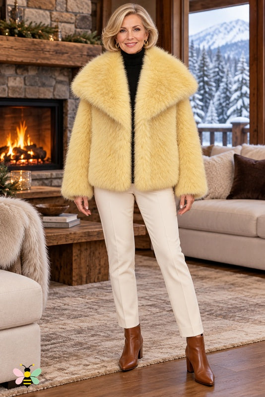 Grand Entrance Faux-Fur Jacket | Pale Yellow-Oversized Collar | front