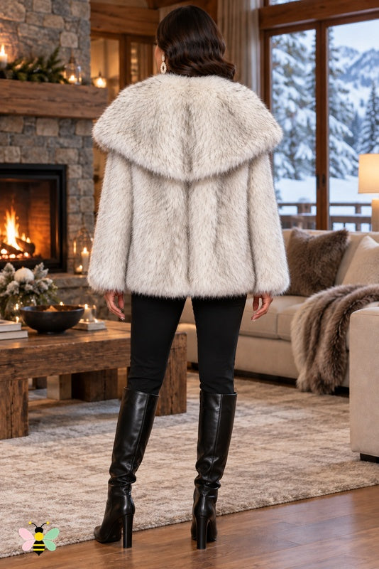 Grand Entrance Faux-Fur Jacket | White And Khaki-Tipped Fur With Oversized Collar | back