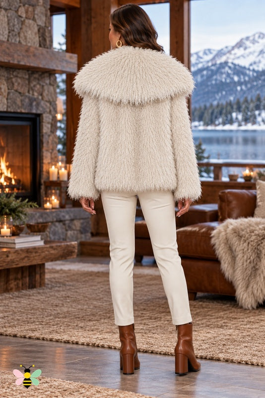 Grand Entrance Faux-Fur Jacket | White-Curly Fur With Oversized Fur Collar | back