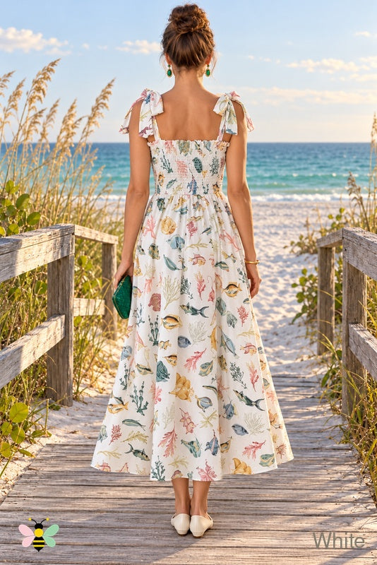 Gulf Life Bow-Shoulder Smocked Dress | White | back | Illustrative reconstruction; supplier-unverified