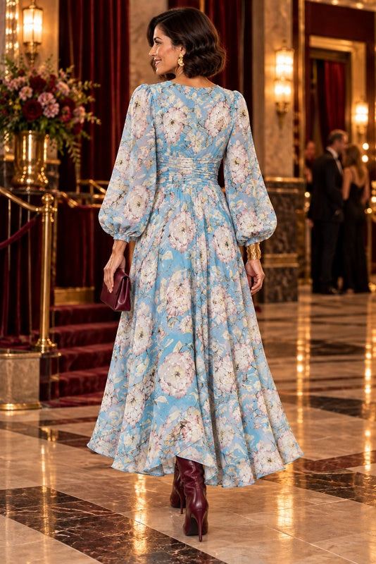 Azure Bloom Twist-Front Long Dress — back view