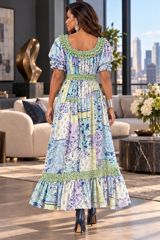 Pastel Mosaic Smocked Paisley Long Dress — back view