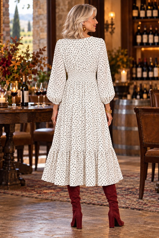 Autumn Fleur Embroidered Dotted Long Dress — back view