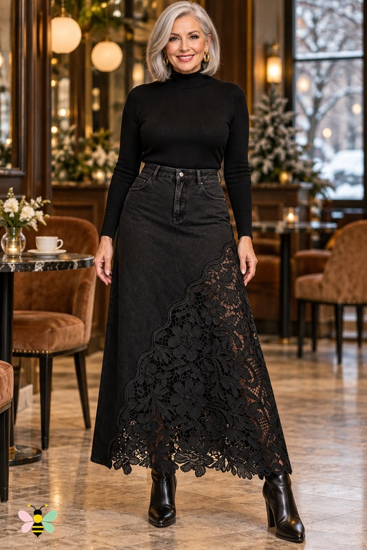 Lace Frontier Denim Skirt | Black | front