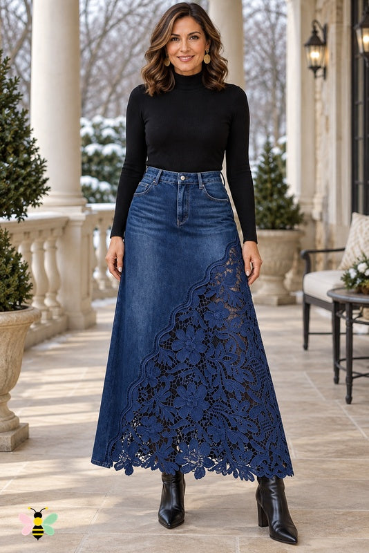 Lace Frontier Denim Skirt | Dark Blue | front