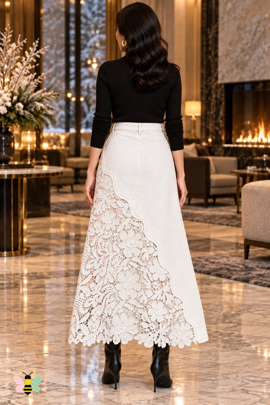 Lace Frontier Denim Skirt | White | back