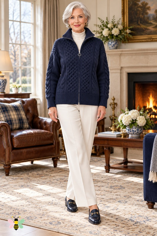Lodge Society Wool Cable Cardigan | Navy | front