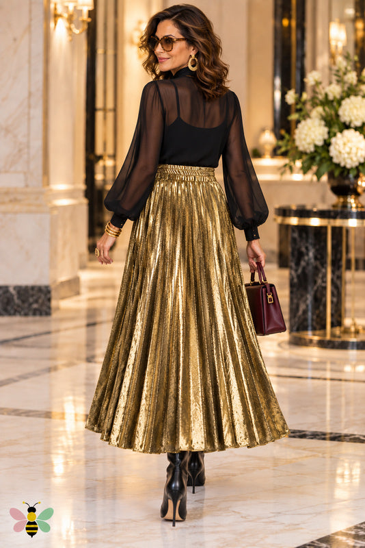 Lustre Metallic Pleated Skirt — Elegant Gold Back