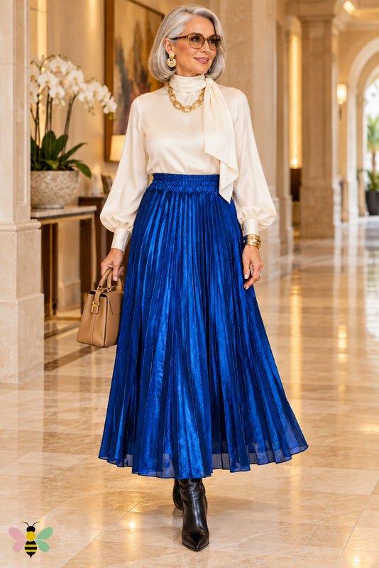 Lustre Metallic Pleated Skirt — Sapphire Blue Front