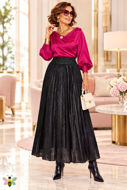 Lustre Metallic Pleated Skirt — Regal Black Front